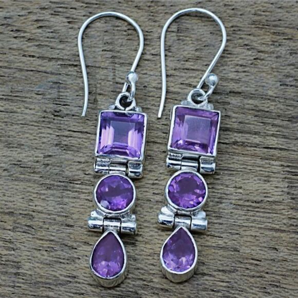 Three Stone Faceted Amethyst 925 Sterling SIlver Dangle Earrings - Picture 5 of 15